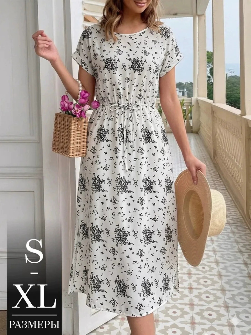 ZARA Women Summer Floral Print Loose Short Sleeve Round Neck Slit Dress